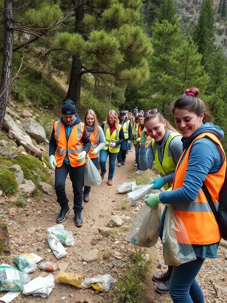 A group of volunteers cleaning up a mountain trail, collecting litter and debris, as part of LES FONDUS' environmental conservation program.