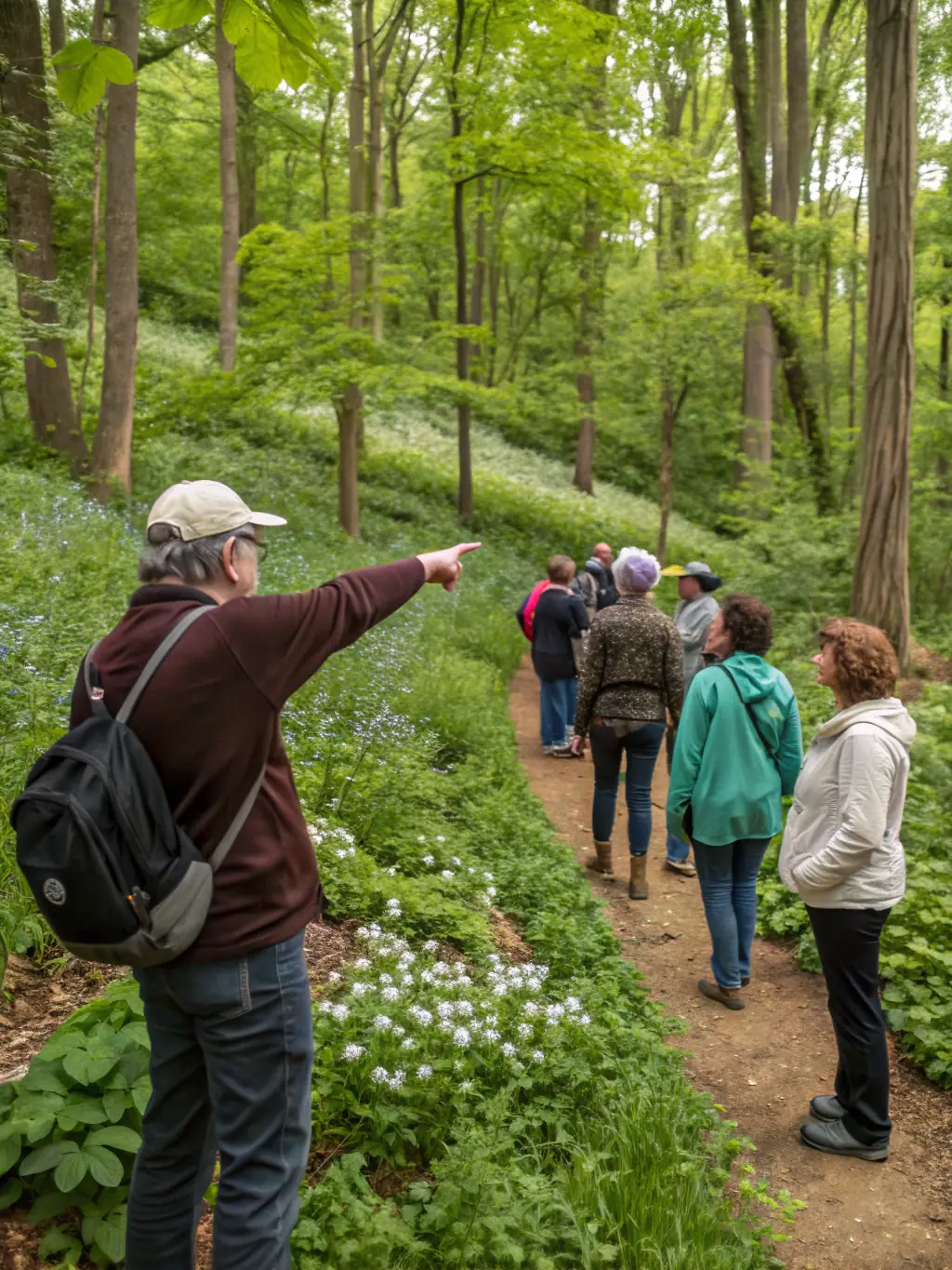 A group of diverse participants learning about local flora during a guided nature walk in the mountains, showcasing LES FONDUS' commitment to environmental education.