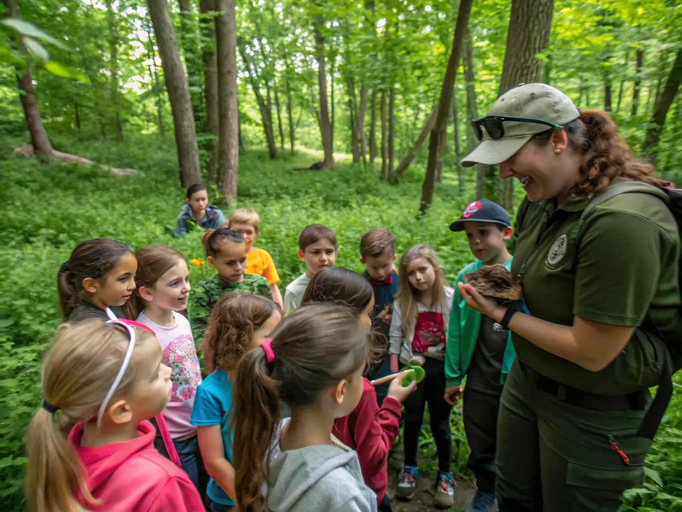 A group of children participating in a nature discovery workshop in a forest setting, led by a LES FONDUS instructor. The image should capture the children's curiosity and excitement as they learn about the local flora and fauna.