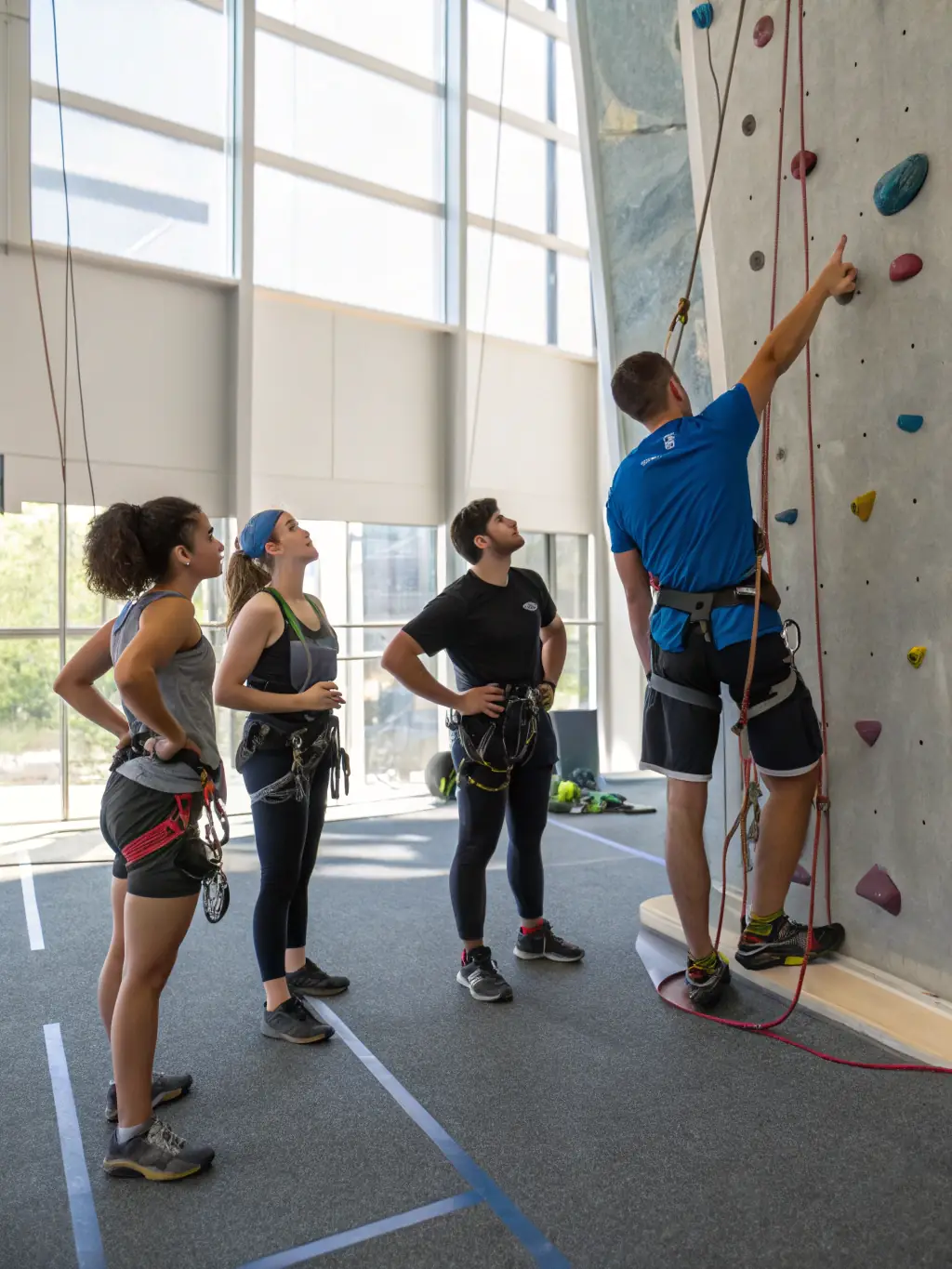 A photograph of participants learning rock climbing techniques on a safe, indoor climbing wall, under the supervision of certified instructors from LES FONDUS.
