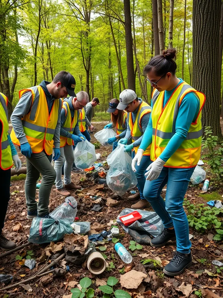 A group of volunteers cleaning up a mountain trail, demonstrating LES FONDUS' focus on environmental stewardship and community involvement.