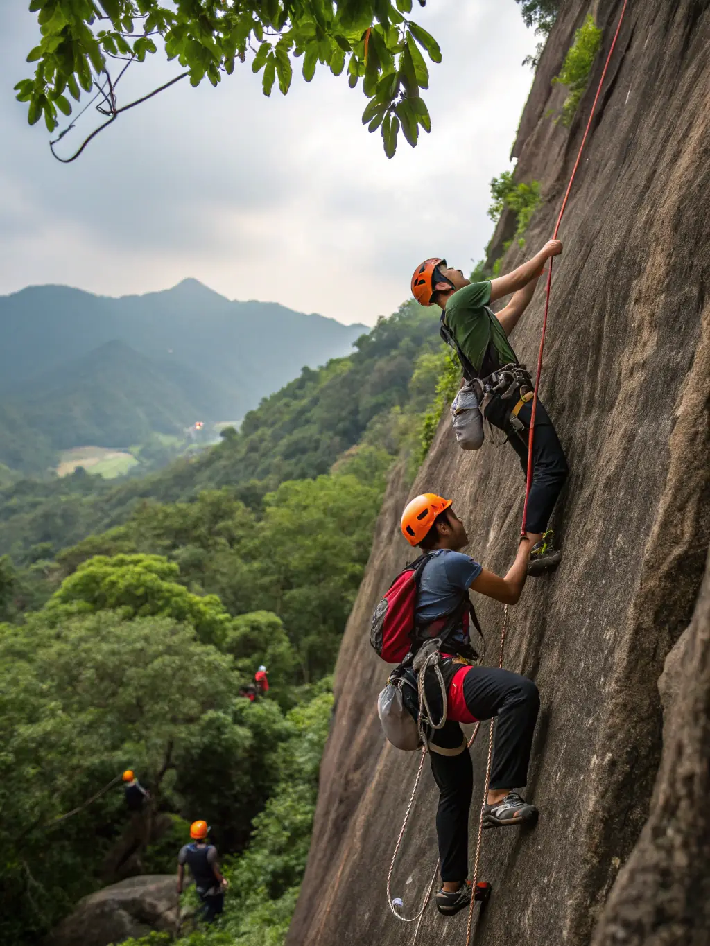 Participants of varying abilities enjoying a rock climbing session with adaptive equipment, highlighting LES FONDUS' dedication to inclusivity.