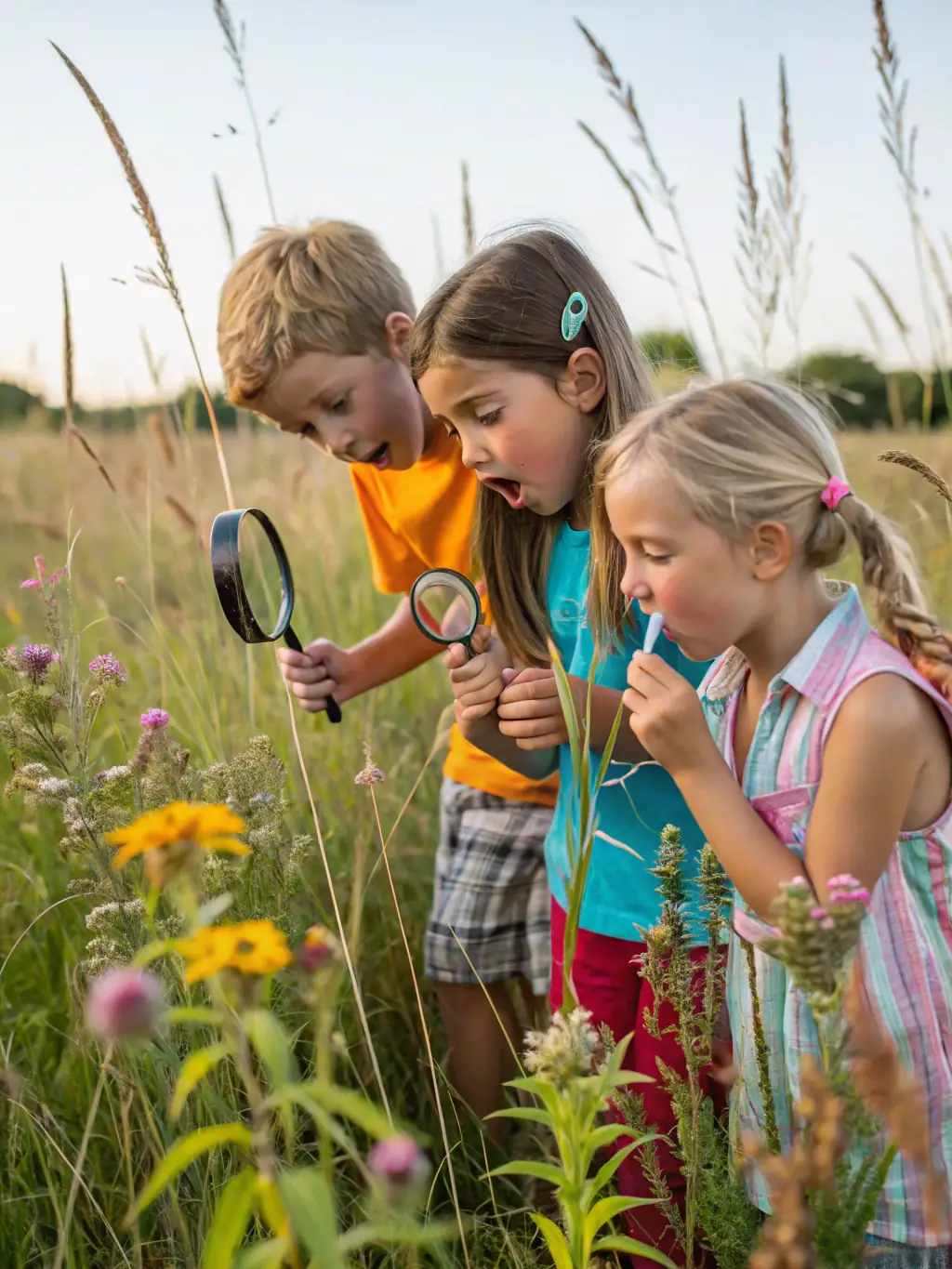 A workshop session where participants are learning about local flora and fauna, using field guides and magnifying glasses, facilitated by LES FONDUS educators.