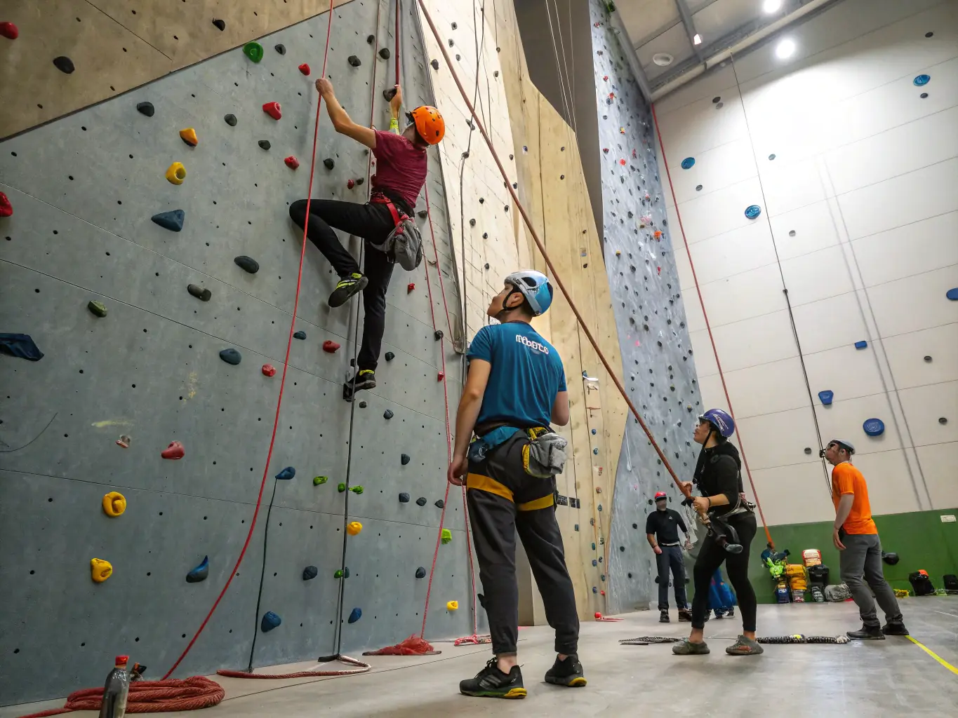 Participants engaging in a rock climbing session with LES FONDUS instructors, showcasing safety measures and the thrill of the sport. The image should highlight the challenge and excitement of rock climbing in a controlled environment.