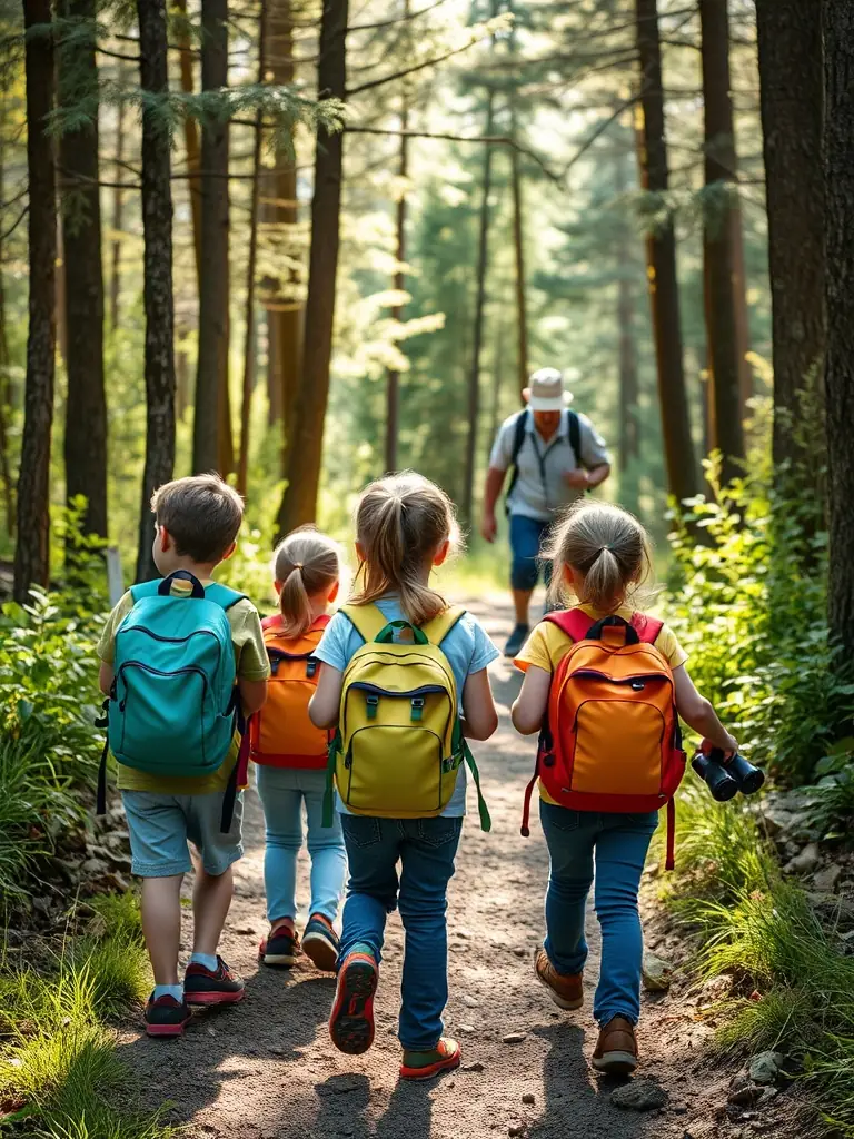 A group of children and adults participating in a guided nature walk in the mountains, led by an experienced guide from LES FONDUS. The image should convey a sense of adventure, learning, and connection with nature.